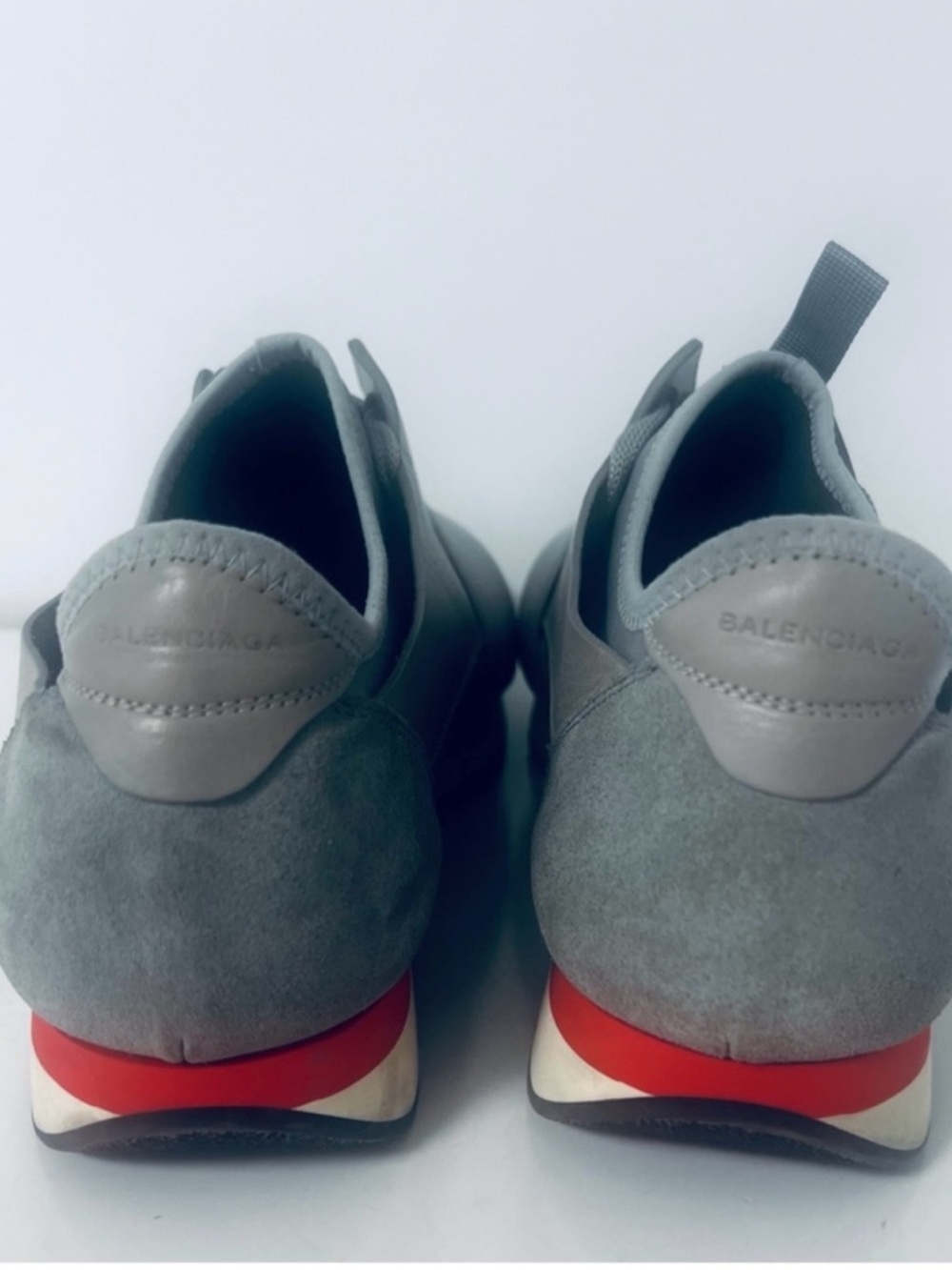 Balenciaga Men's Gray Suede Low-Top Sneakers with Red Heel Accent